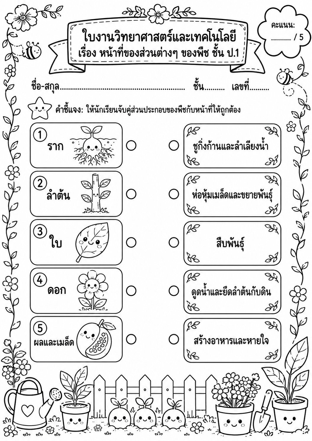 ตัวอย่างใบงาน แจกฟรี ใบงานวิทยาศาสตร์ ป.1 เรื่องหน้าที่ของส่วนต่างๆ ของพืช พร้อมเฉลยแบบละเอียด
