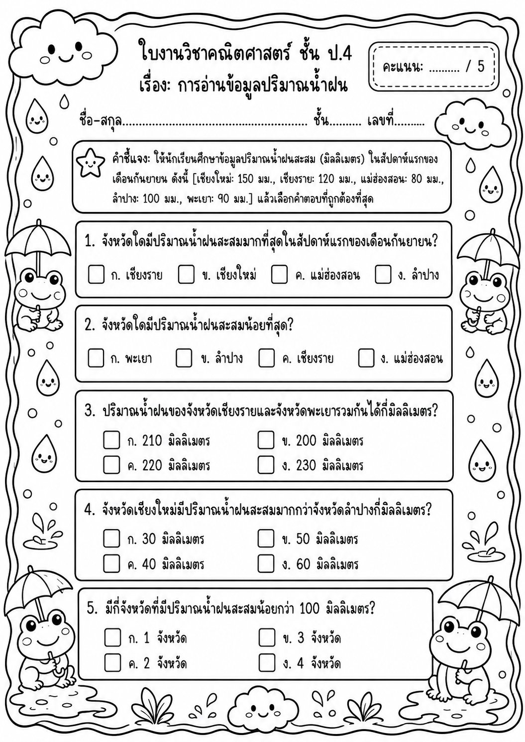 ตัวอย่างใบงาน ดาวน์โหลดฟรี! ใบงานคณิตศาสตร์ ป.4 เรื่องการอ่านข้อมูลและวิเคราะห์ข้อมูลปริมาณน้ำฝน พร้อมเฉลยละเอียด