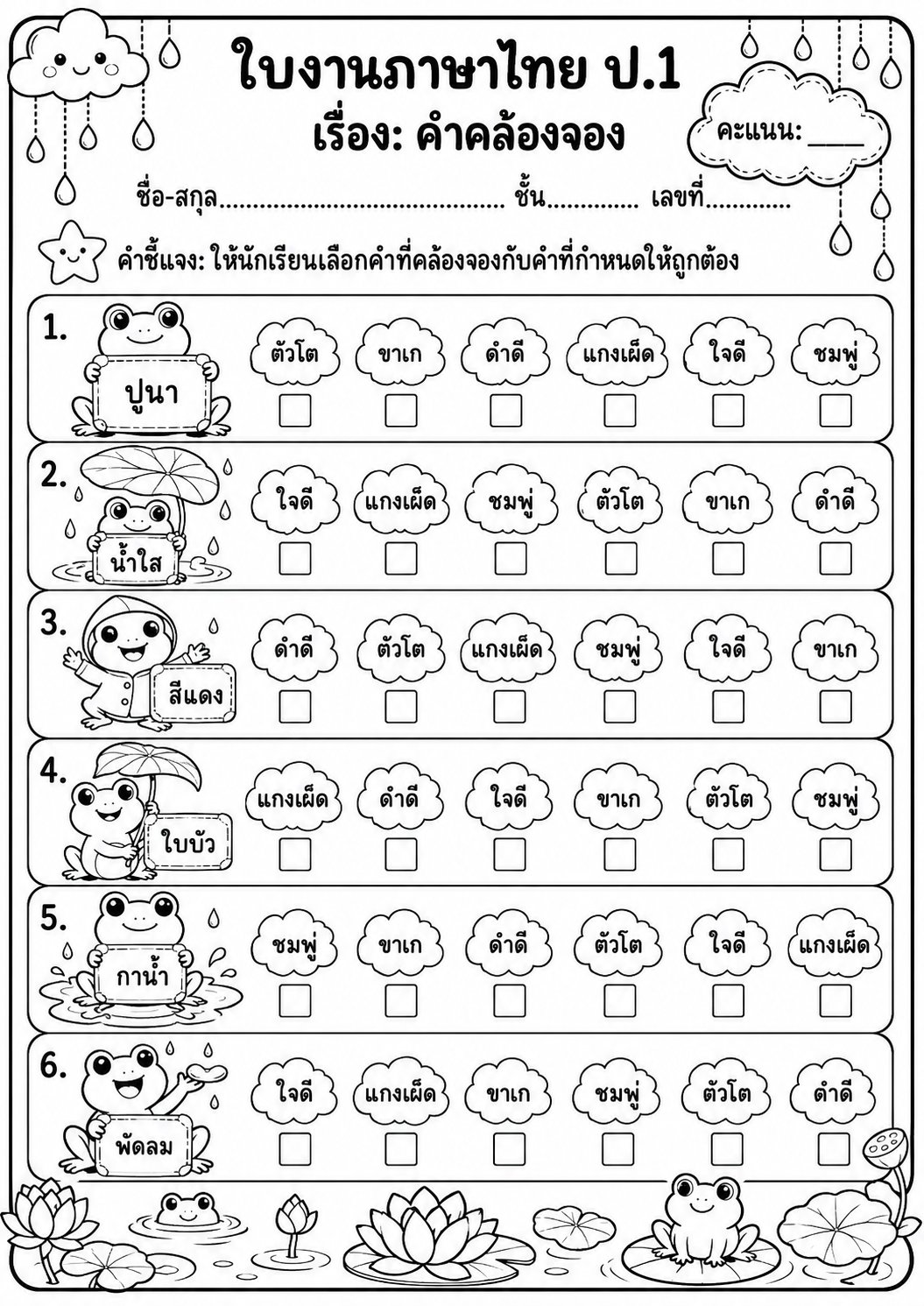ตัวอย่างใบงาน แจกฟรี ใบงานภาษาไทย ป.1 เรื่องคำคล้องจอง พร้อมเฉลย ฝึกฝนทักษะการสะกดคำด้วยธีมกบโปรยปรายแสนน่ารัก