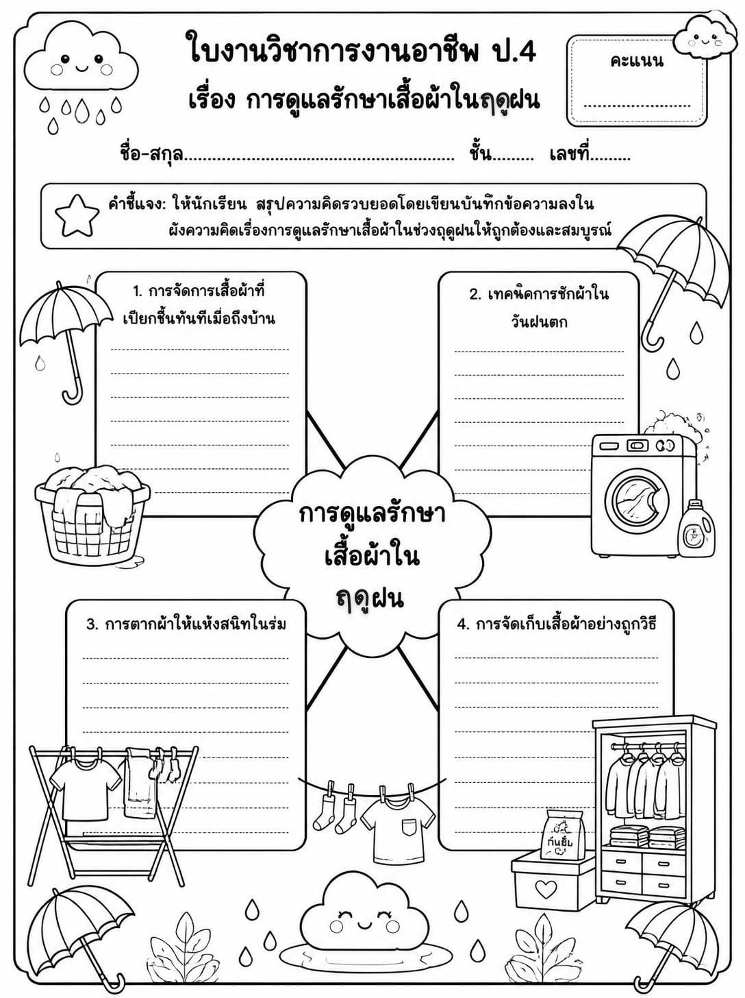 ตัวอย่างใบงาน แจกฟรี ใบงานการงานอาชีพ ป.4 เรื่อง การดูแลรักษาเสื้อผ้าในฤดูฝน พร้อมเฉลย ( Mind Map สรุปความรู้ )