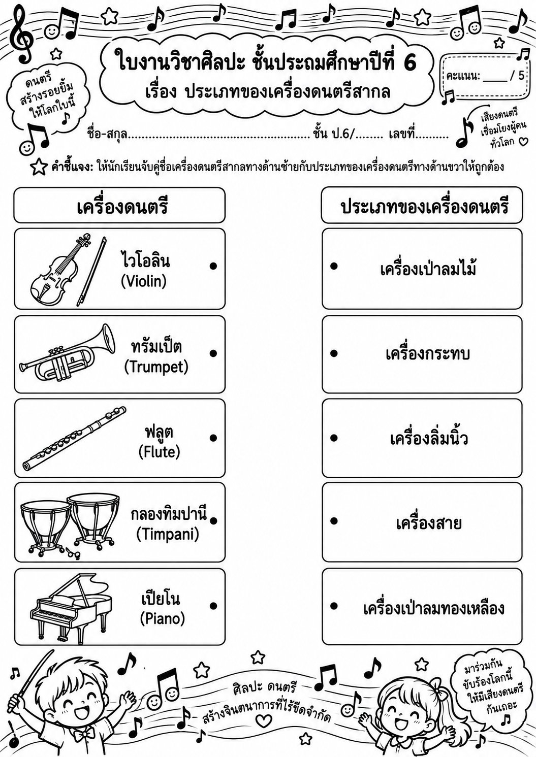 ตัวอย่างใบงาน แจกฟรี ใบงานศิลปะ ป.6 เรื่องประเภทของเครื่องดนตรีสากล พร้อมเฉลย เสริมทักษะวิชาดนตรีแสนสนุก