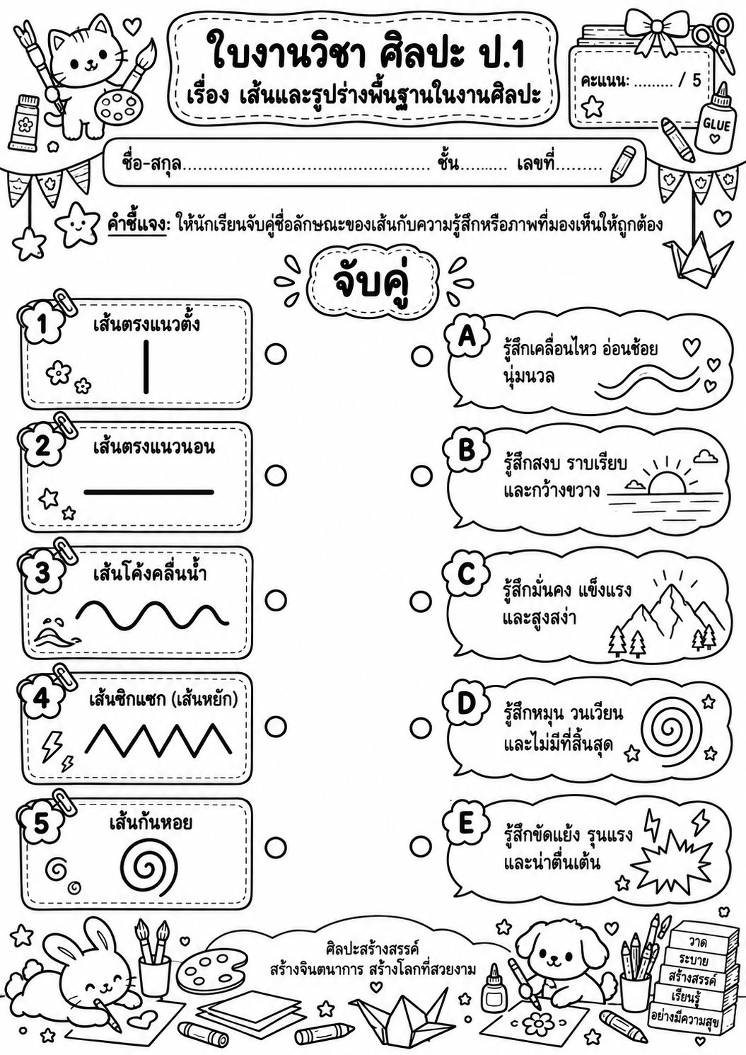 ตัวอย่างใบงาน แจกฟรี! ใบงานศิลปะ ป.1 เรื่องเส้นและรูปร่างพื้นฐาน เรียนรู้ประเภทของเส้นและความรู้สึก พร้อมเฉลย